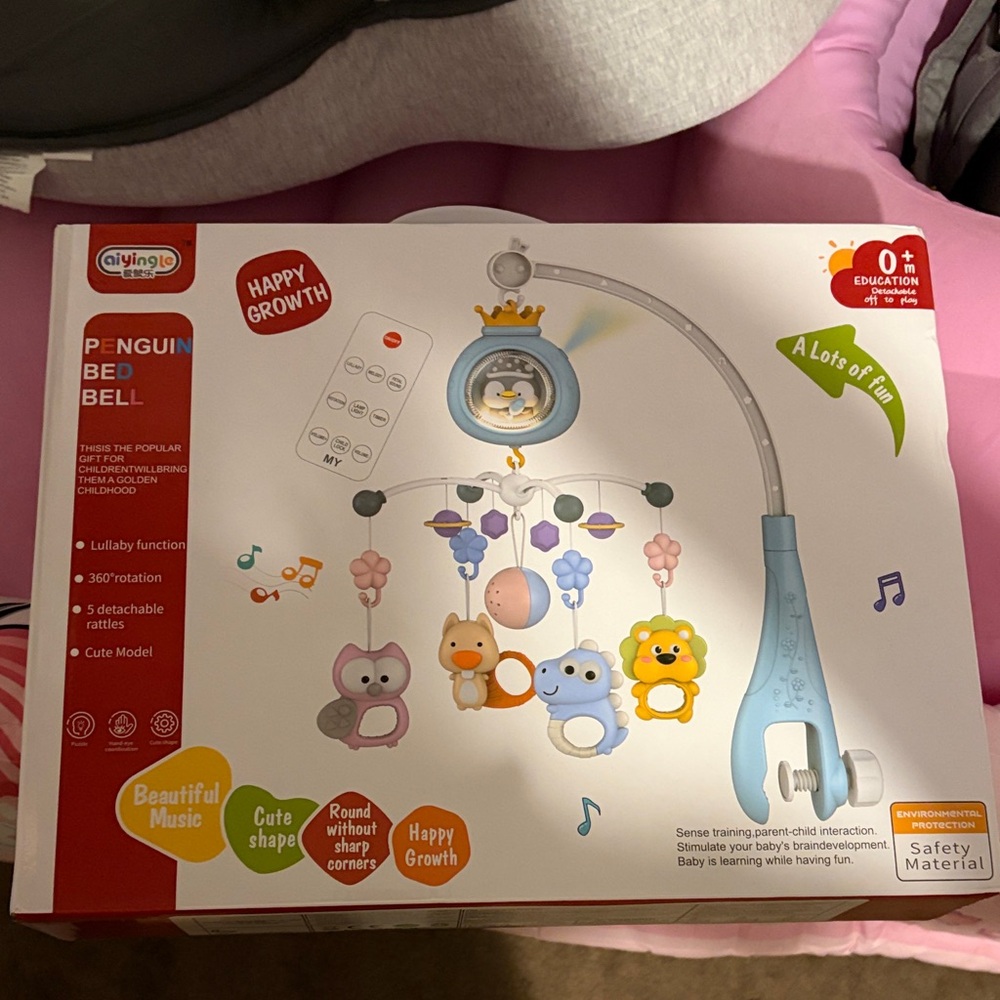 “Pink” Penguin Bed Bell Mobile - Blue, Pink, Yellow